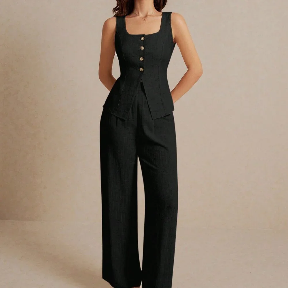 Black Casual Women's Summer Linen Suit Vest Sleeveless Top And Trousers Set - Picture 1 of 8